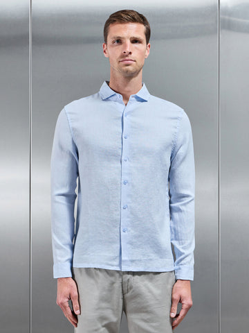 Linen Long Sleeve Cutaway Collar Shirt in Light Blue