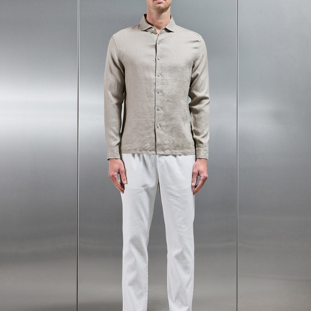Linen Long Sleeve Cutaway Collar Shirt in Light Sage