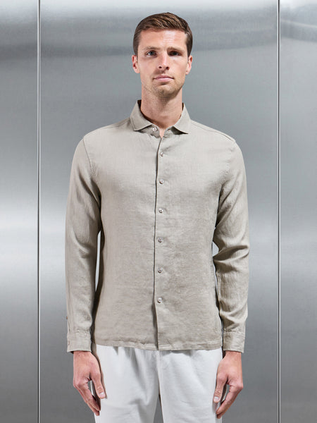 Linen Long Sleeve Cutaway Collar Shirt in Light Sage