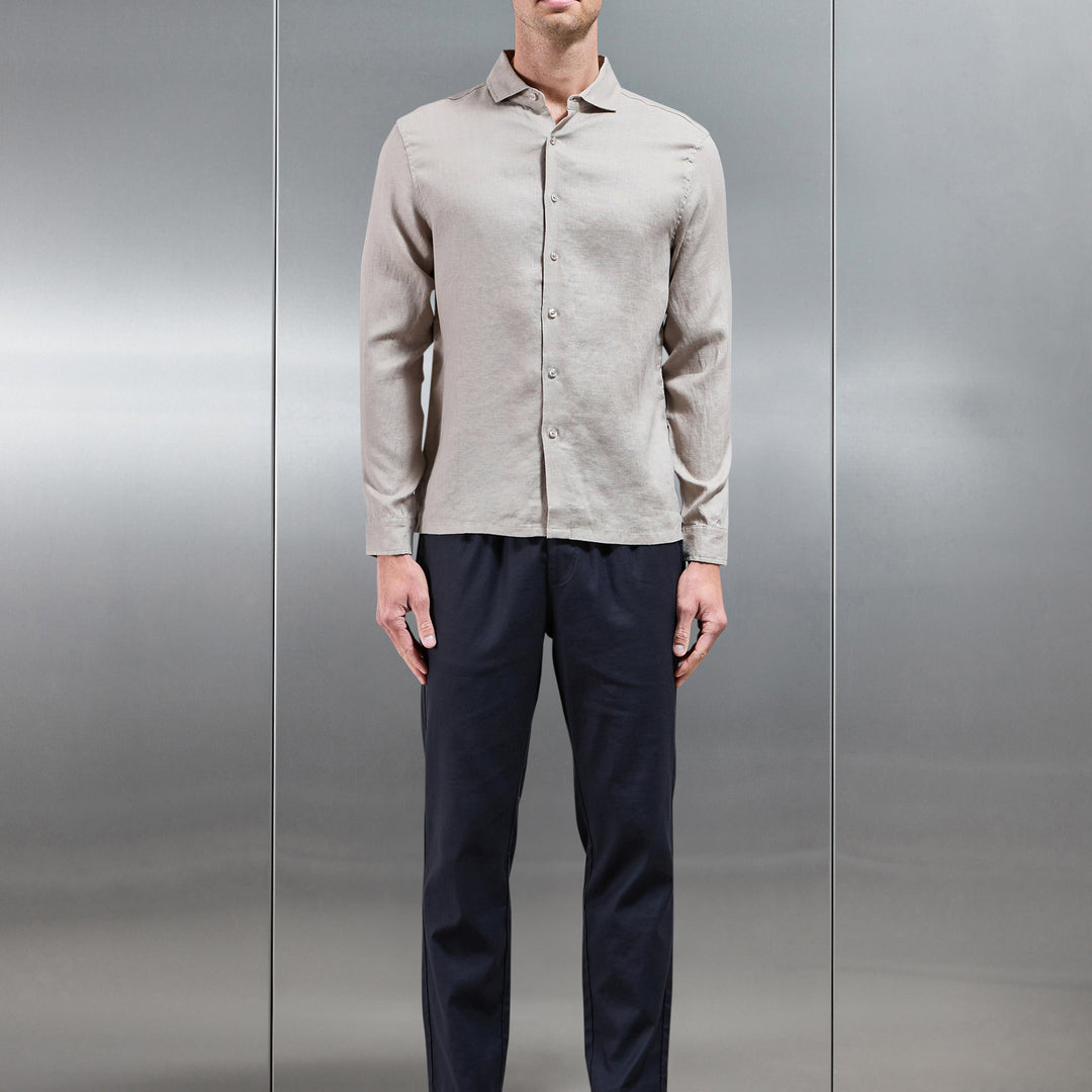 Linen Long Sleeve Cutaway Collar Shirt in Stone