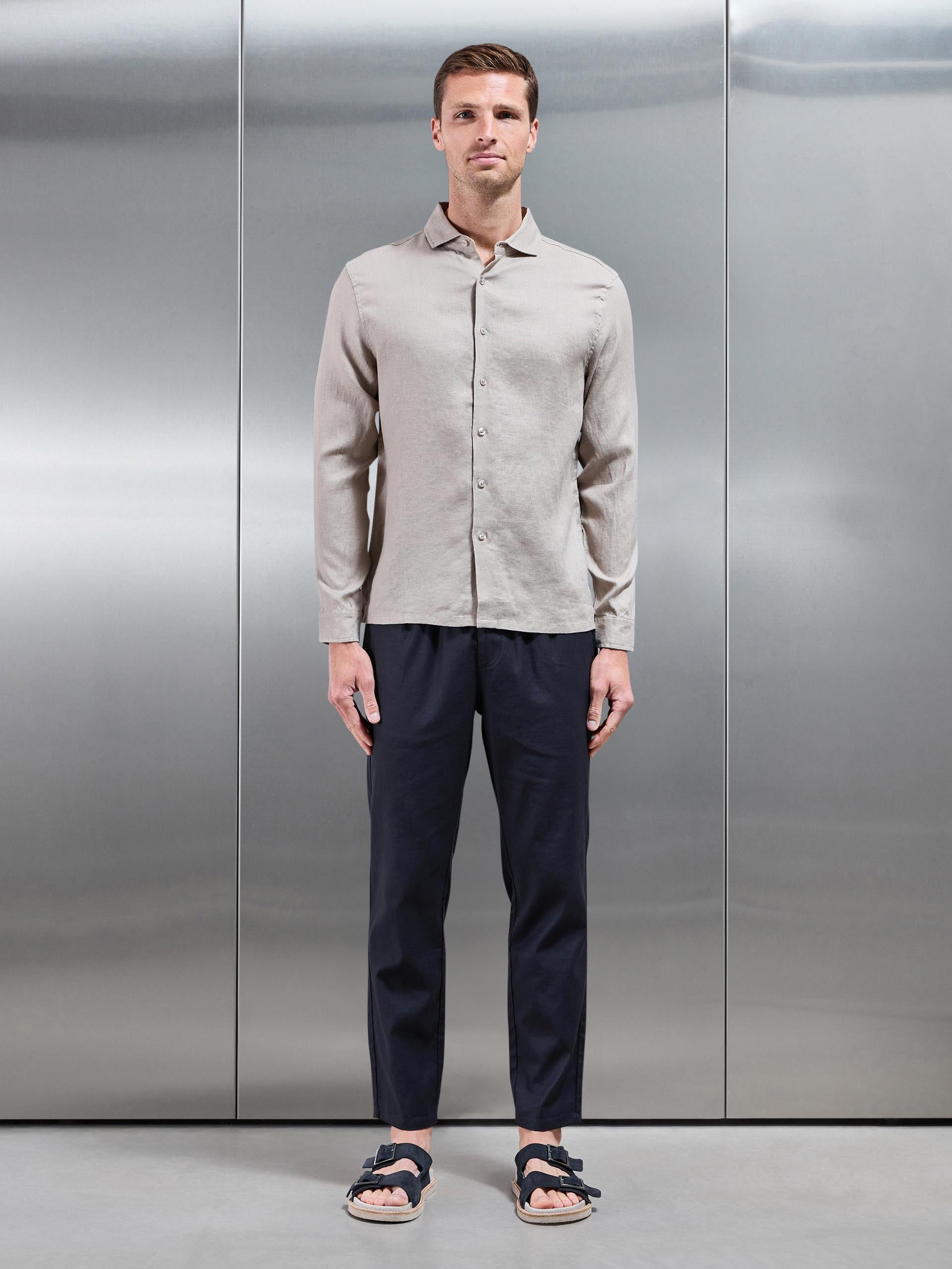 Linen Long Sleeve Cutaway Collar Shirt in Stone
