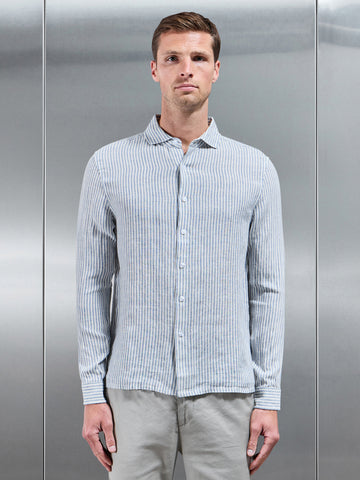 Linen Long Sleeve Stripe Shirt in White Light Blue