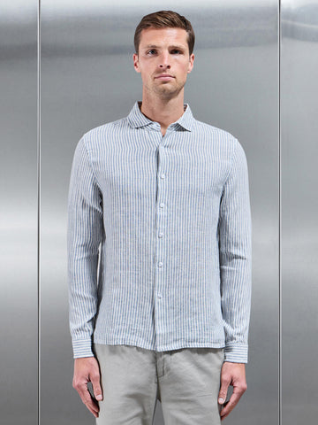 Linen Long Sleeve Stripe Shirt in White Light Blue
