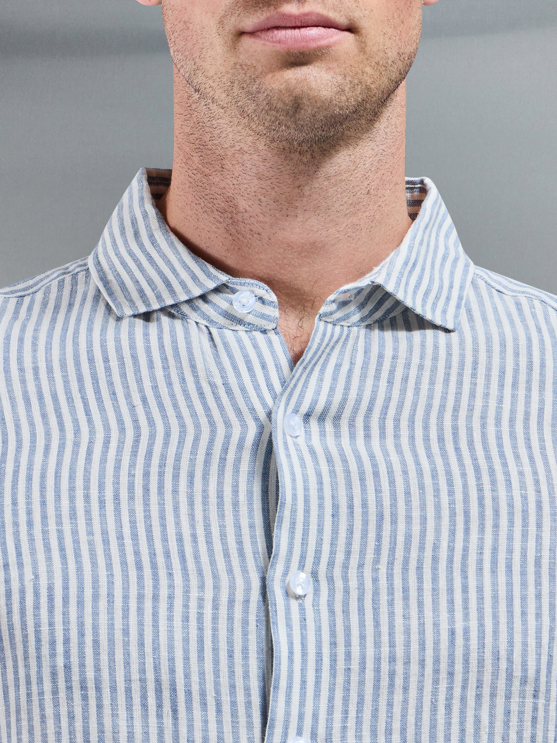 Linen Long Sleeve Stripe Shirt in White Light Blue