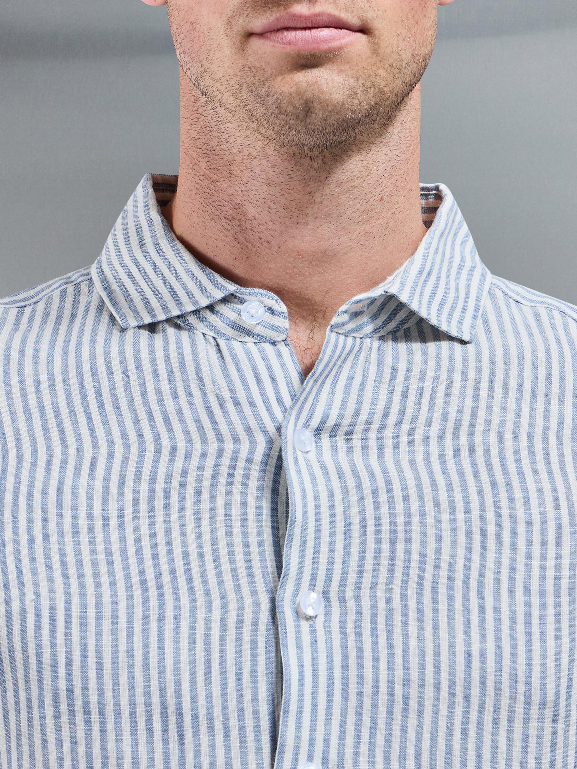 Linen Long Sleeve Stripe Shirt in White Light Blue