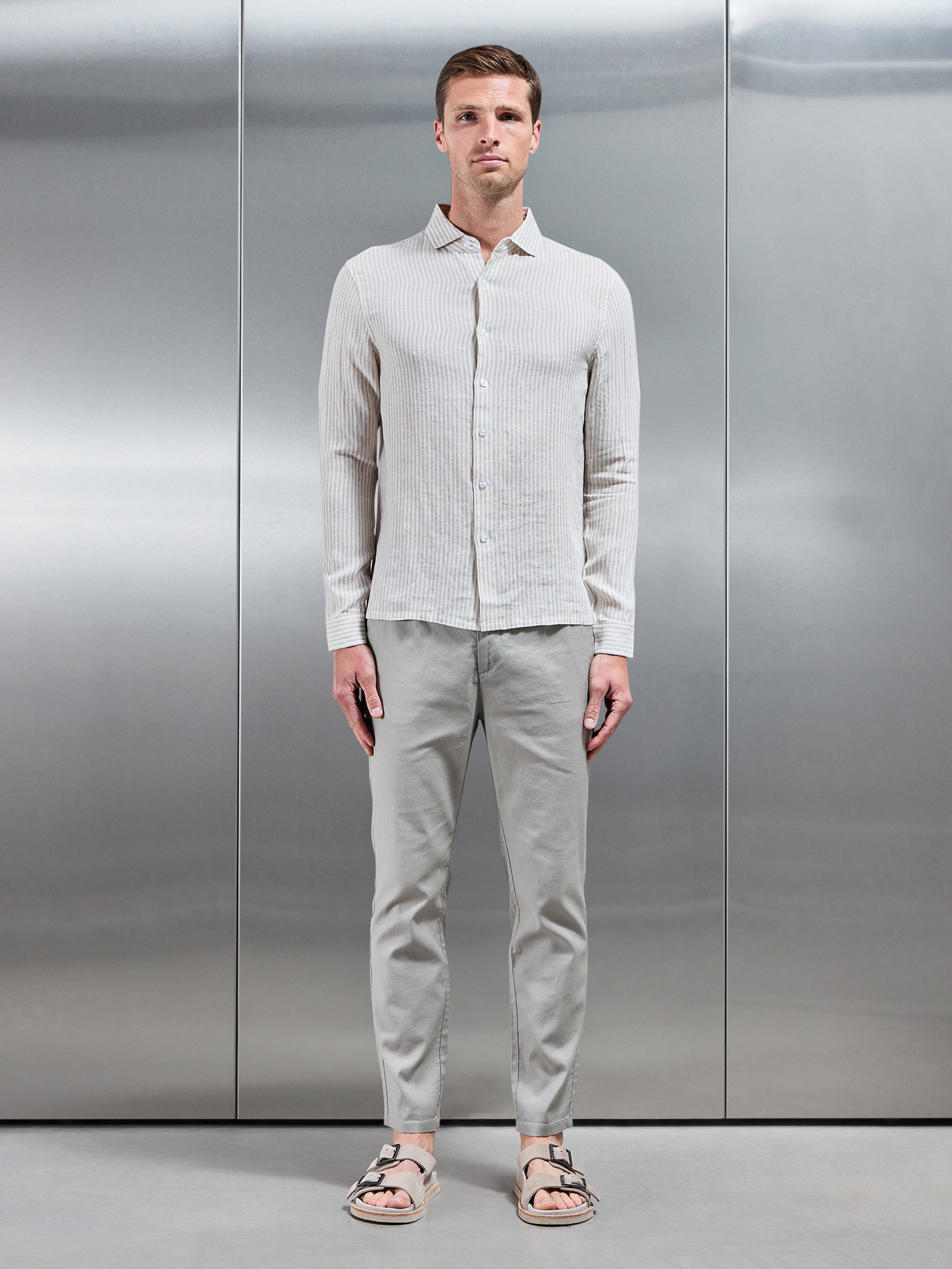 Linen Long Sleeve Stripe Shirt in White Stone