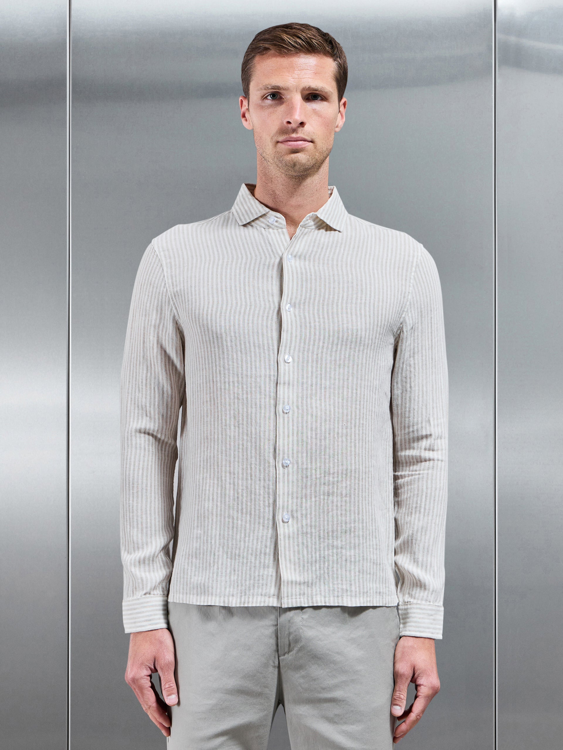 Linen Long Sleeve Stripe Shirt in White Stone