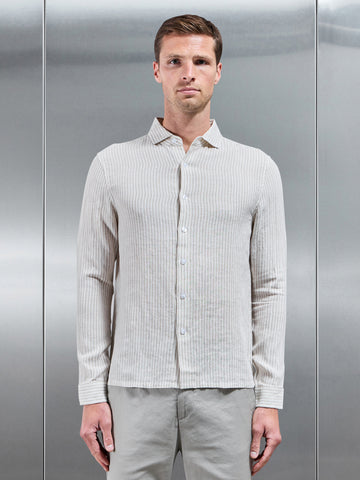 Linen Long Sleeve Stripe Shirt in White Stone