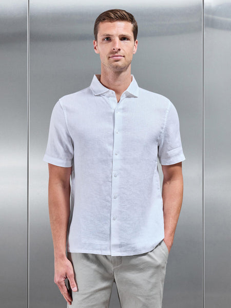 Linen Short Sleeve Cutaway Collar Shirt in White