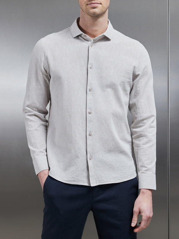 Linen Long Sleeve Cutaway Collar Shirt in Stone