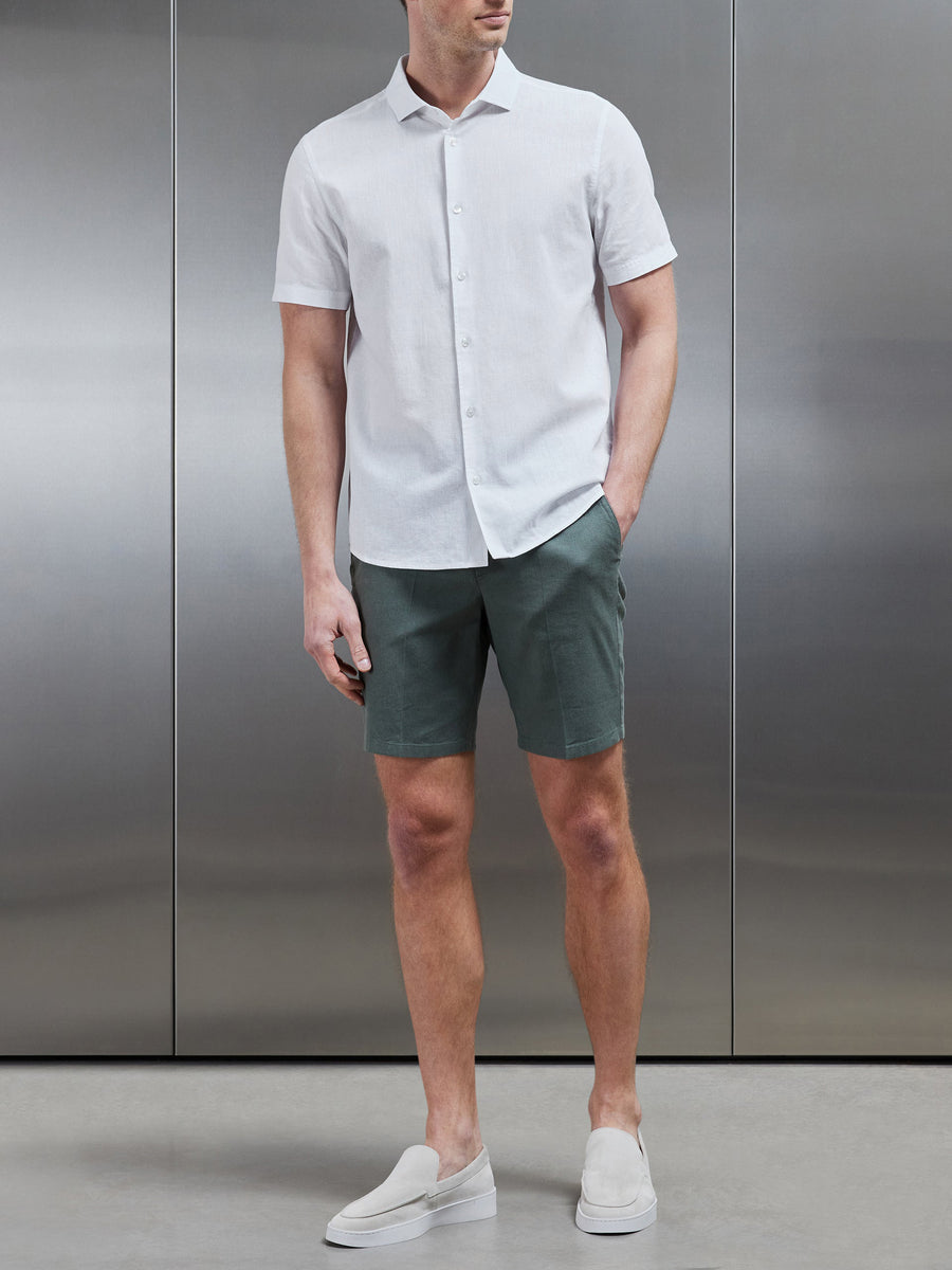 Linen Short Sleeve Cutaway Collar Shirt in White