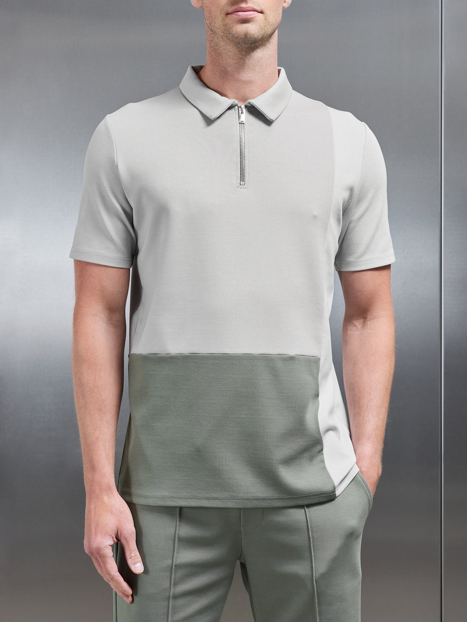 Luxe Colour Block Zip Polo Shirt in Sage
