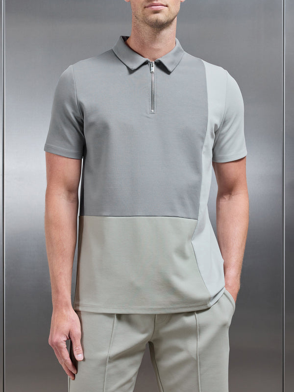 Luxe Colour Block Zip Polo Shirt in Stone