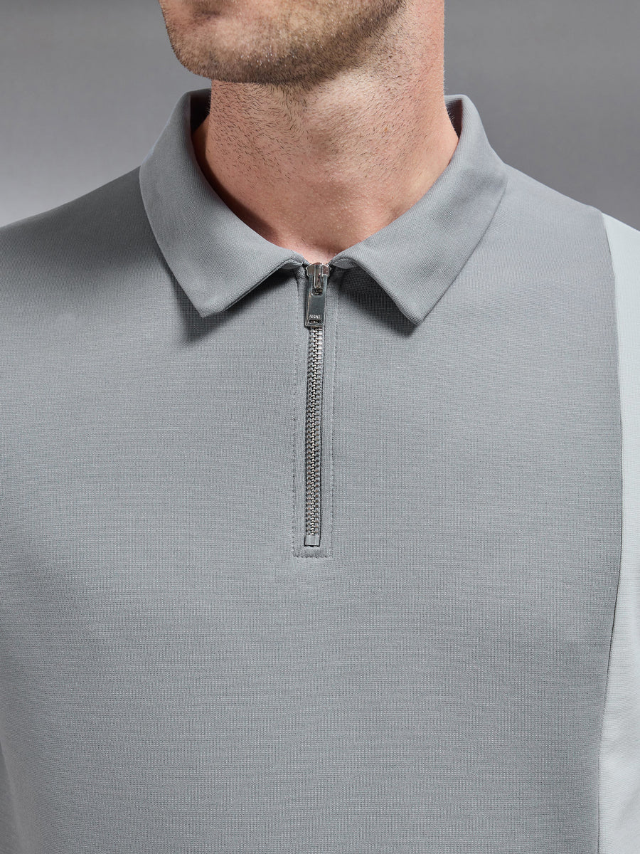 Luxe Colour Block Zip Polo Shirt in Stone