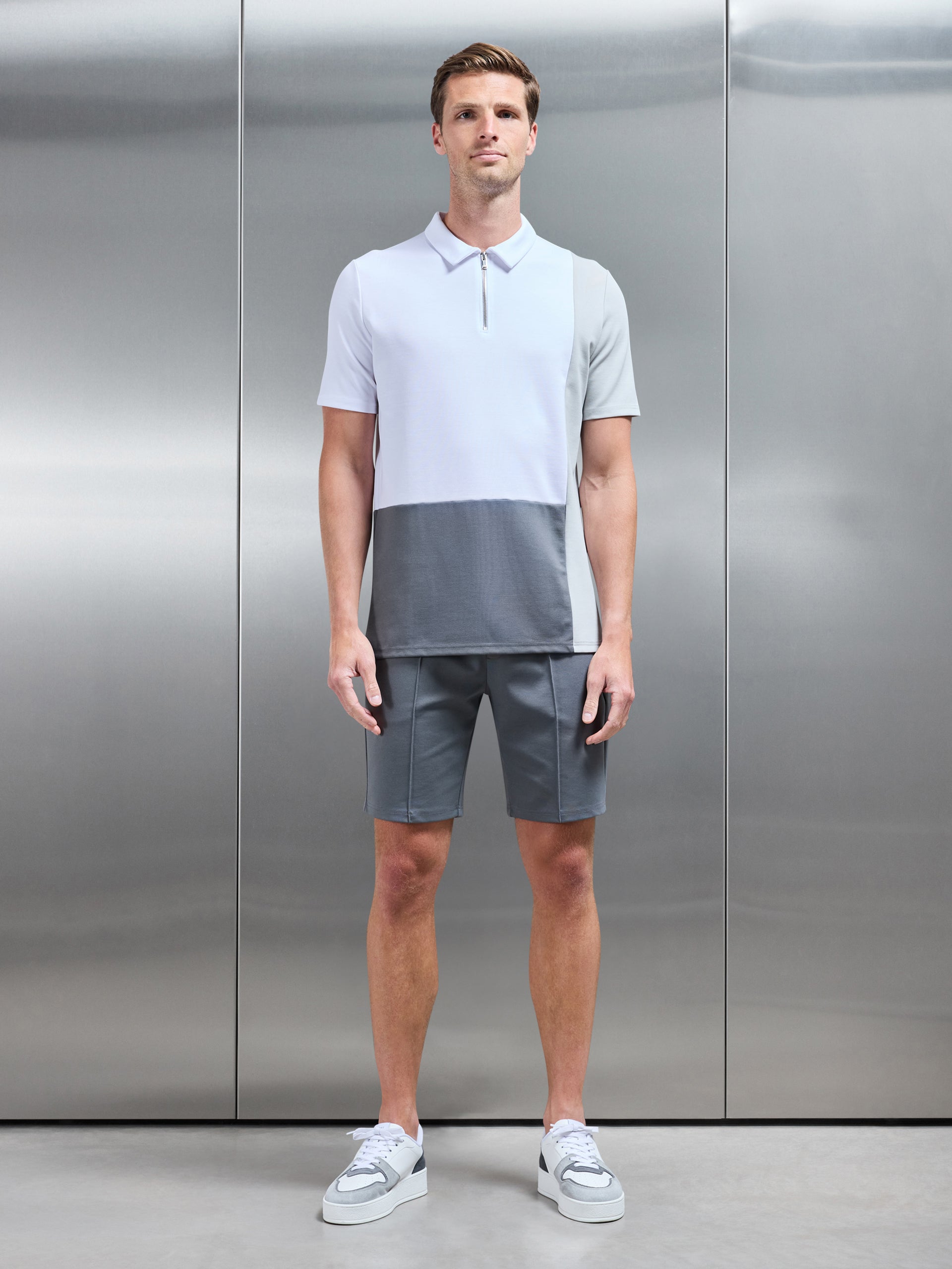 Luxe Colour Block Zip Polo Shirt in White