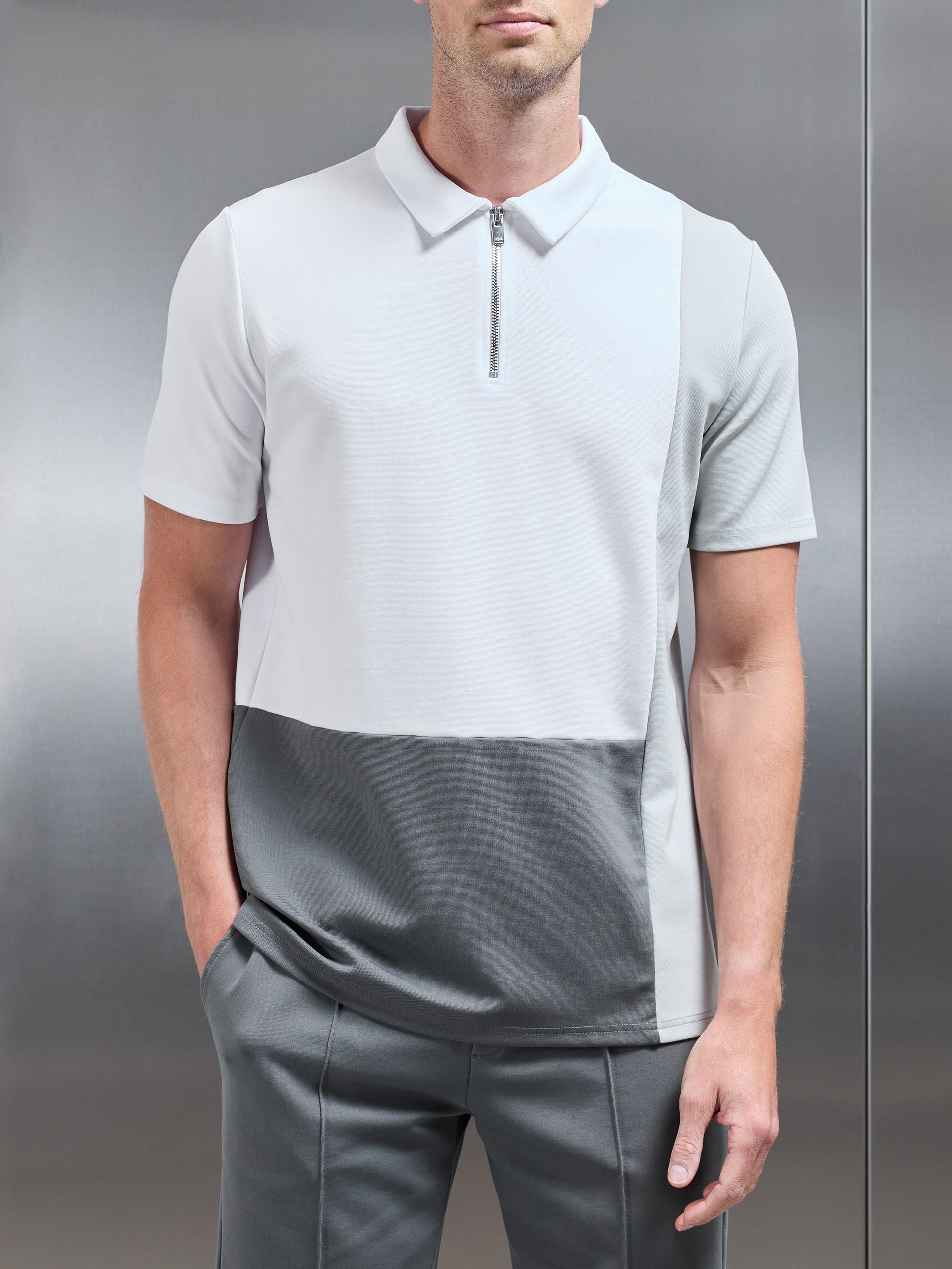 Luxe Colour Block Zip Polo Shirt in White