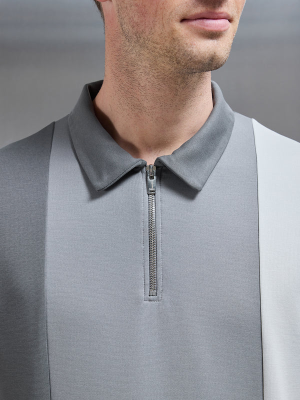 Luxe Colour Block Zip Polo Shirt in Grey