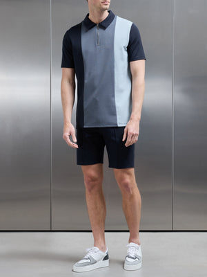 Luxe Colour Block Zip Polo Shirt in Navy