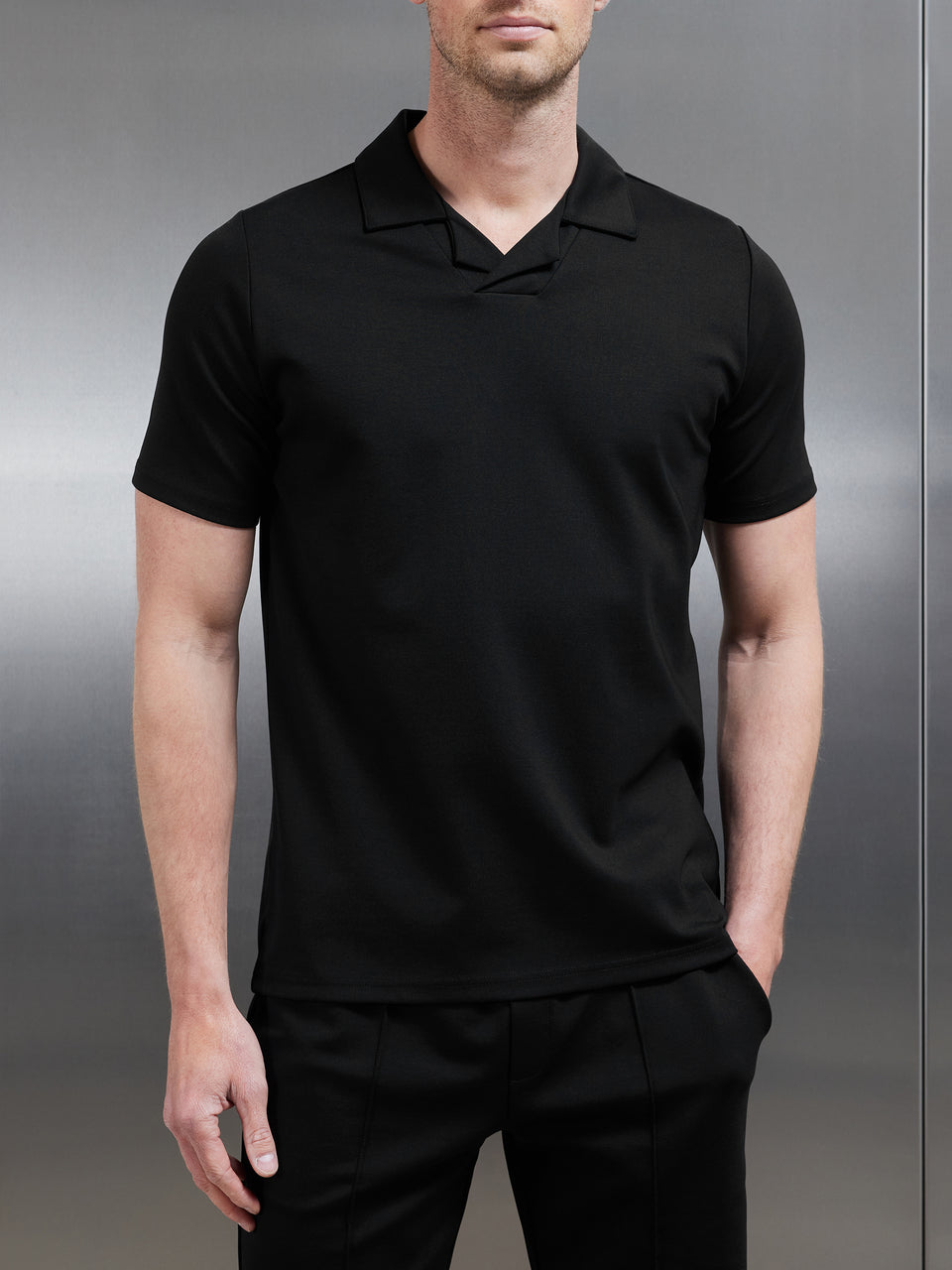 Luxe Revere Collar Polo Shirt in Black
