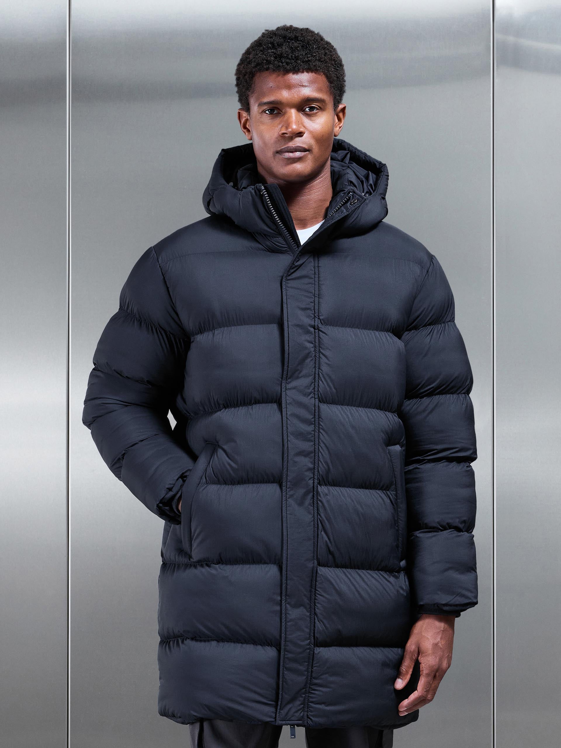 Matte Mid Length Puffer Jacket in Navy