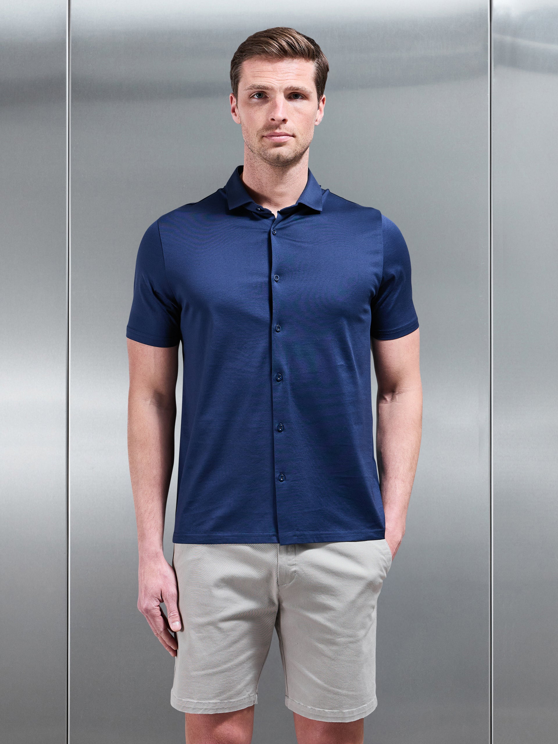 Mercerised Cotton Short Sleeve Shirt in Navy