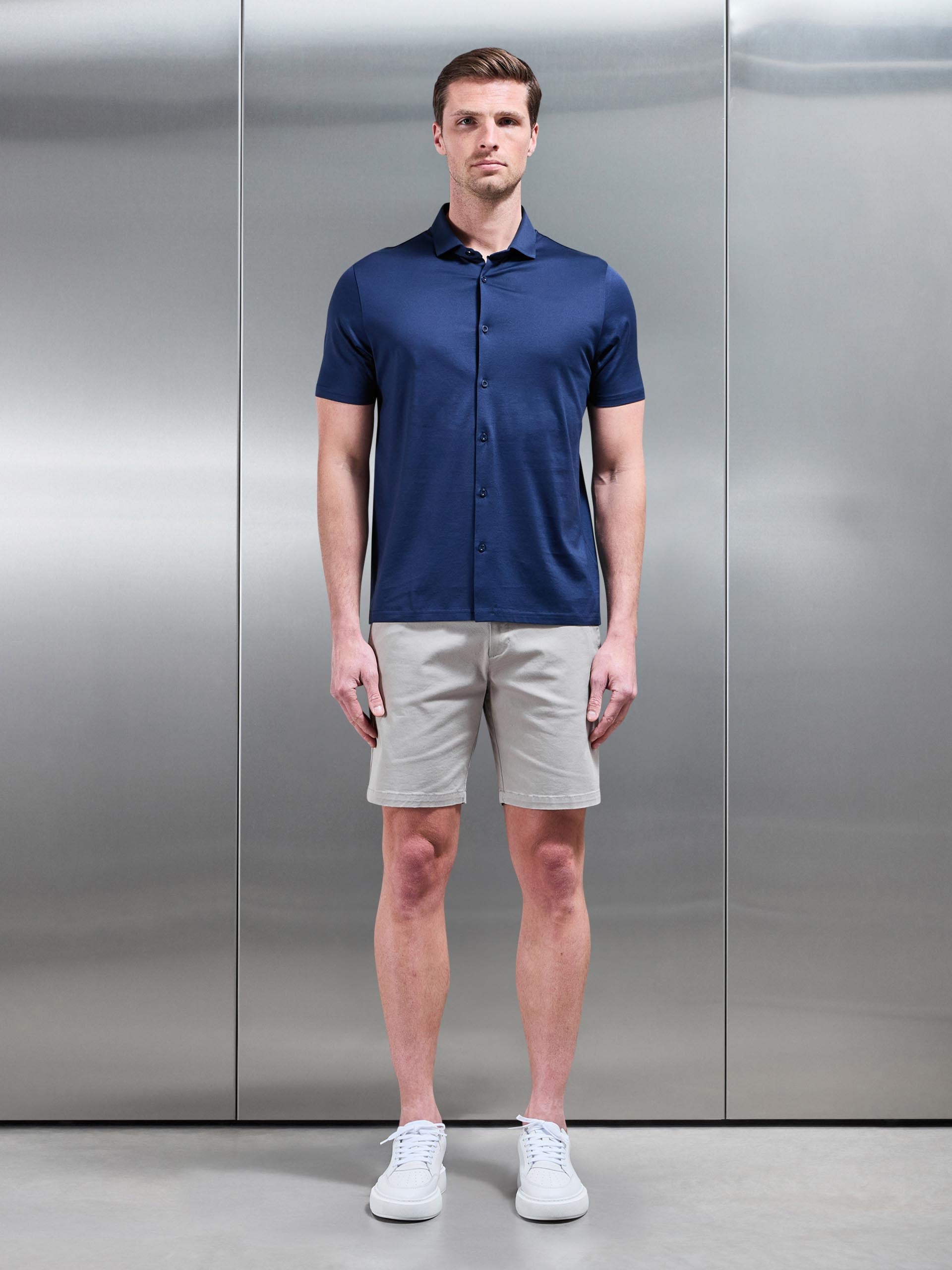 Mercerised Cotton Short Sleeve Shirt in Navy