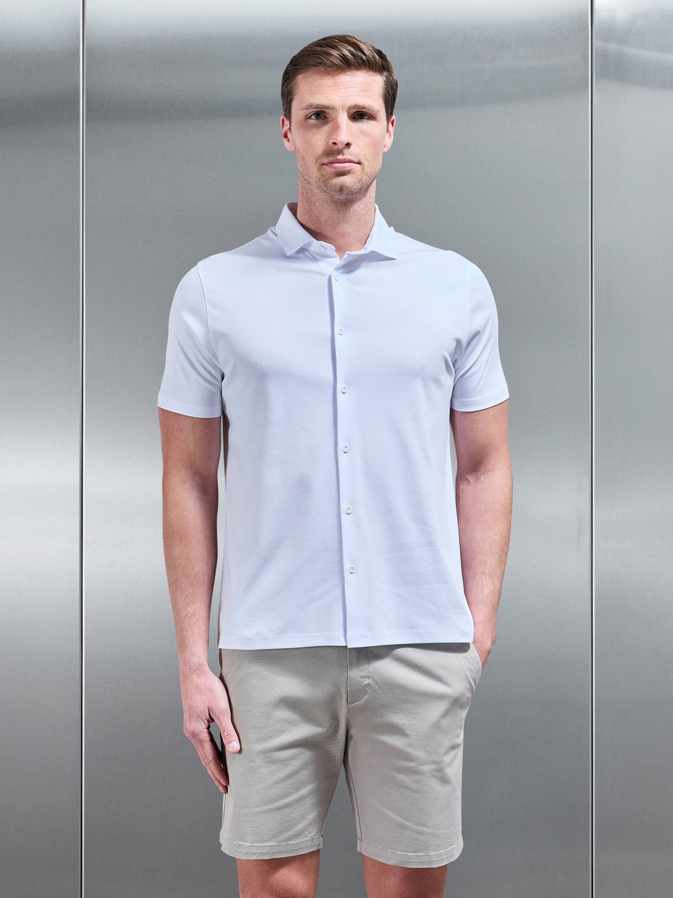 Mercerised Cotton Short Sleeve Shirt in White