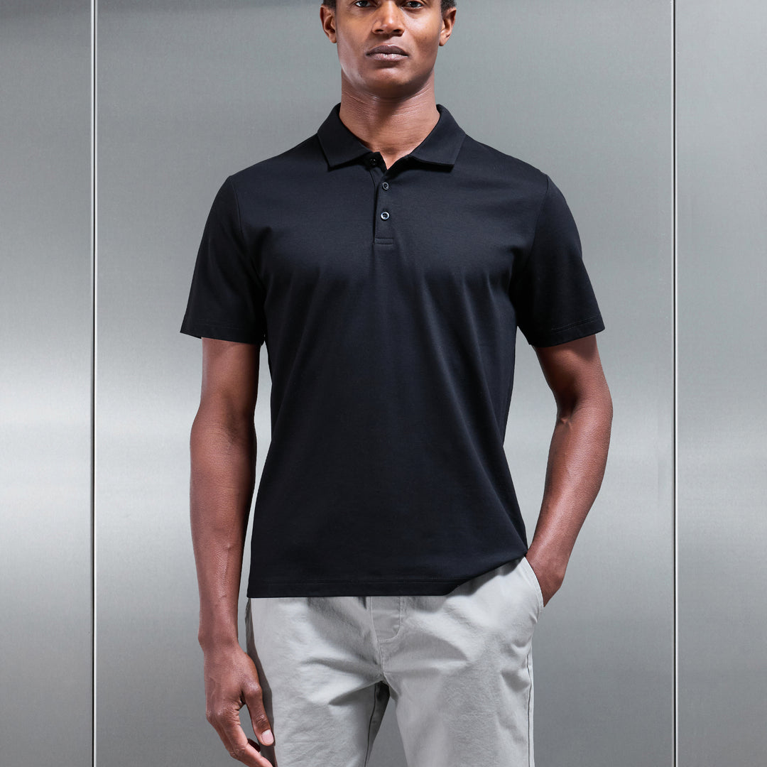 Mercerised Interlock Button Polo Shirt in Black