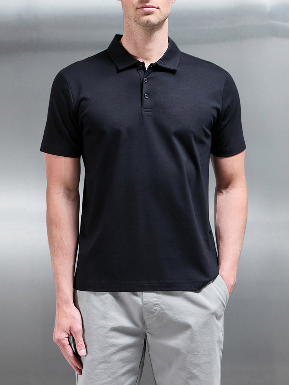Mercerised Interlock Button Polo Shirt in Black