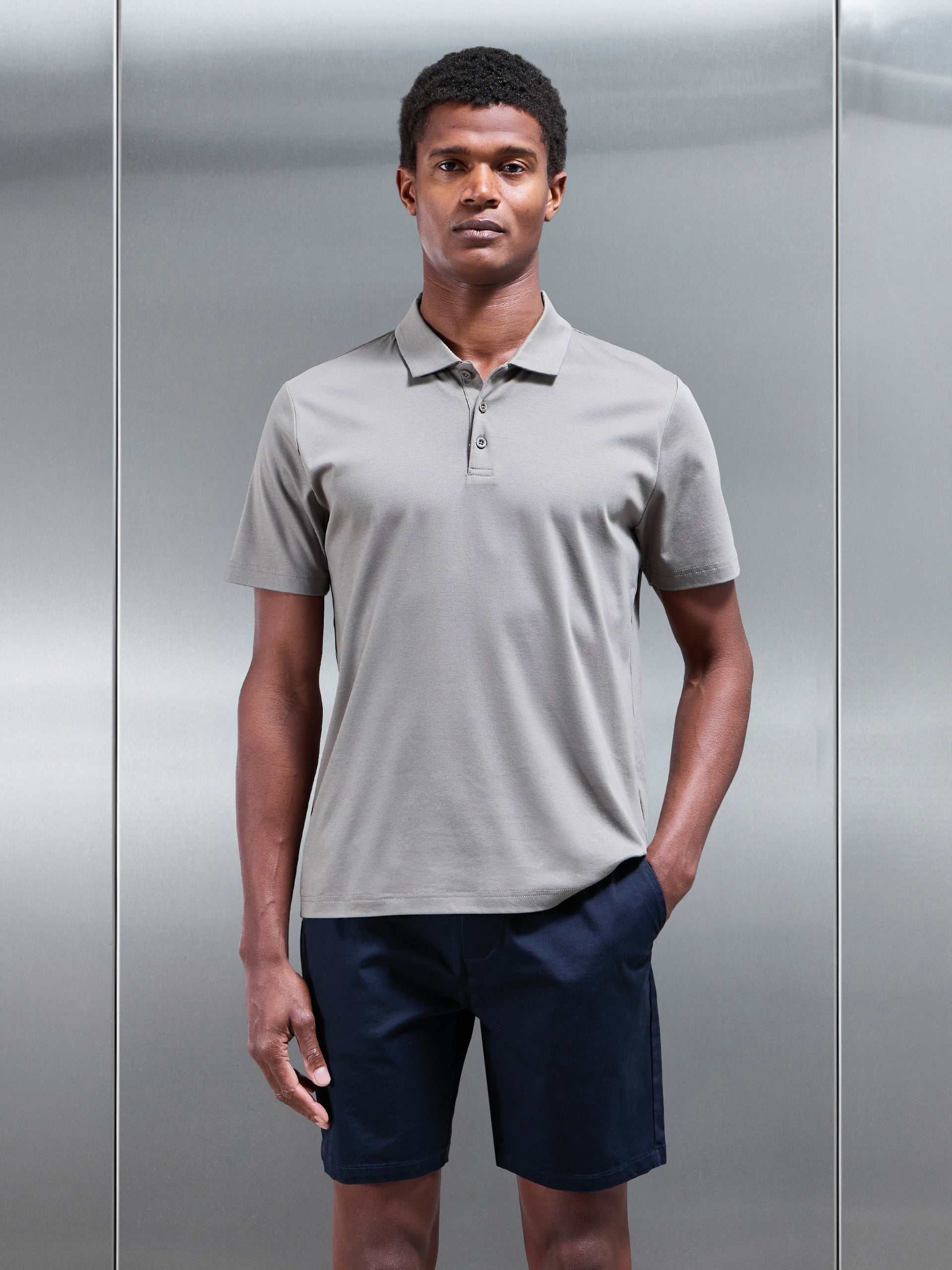 Mercerised Interlock Button Polo Shirt in Dark Stone