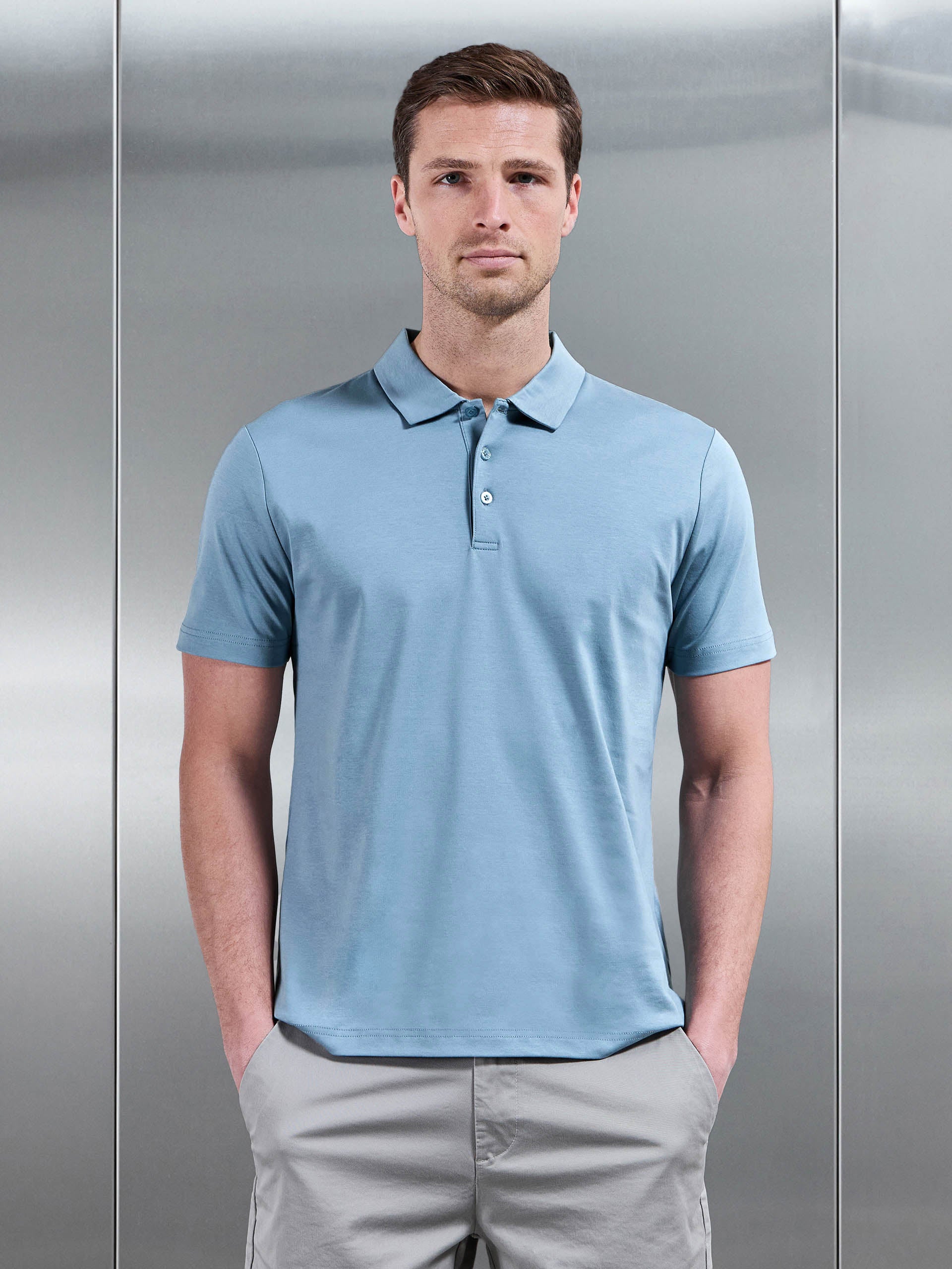 Mercerised Interlock Button Polo Shirt in Light Blue