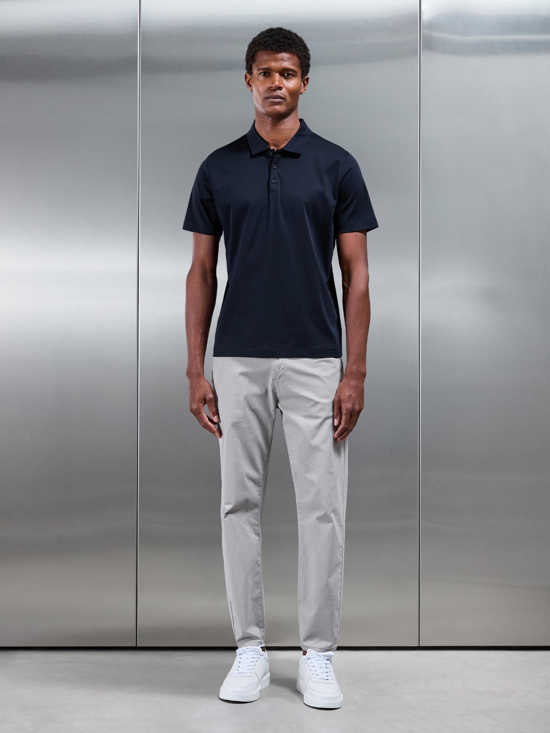 Mercerised Interlock Button Polo Shirt in Navy