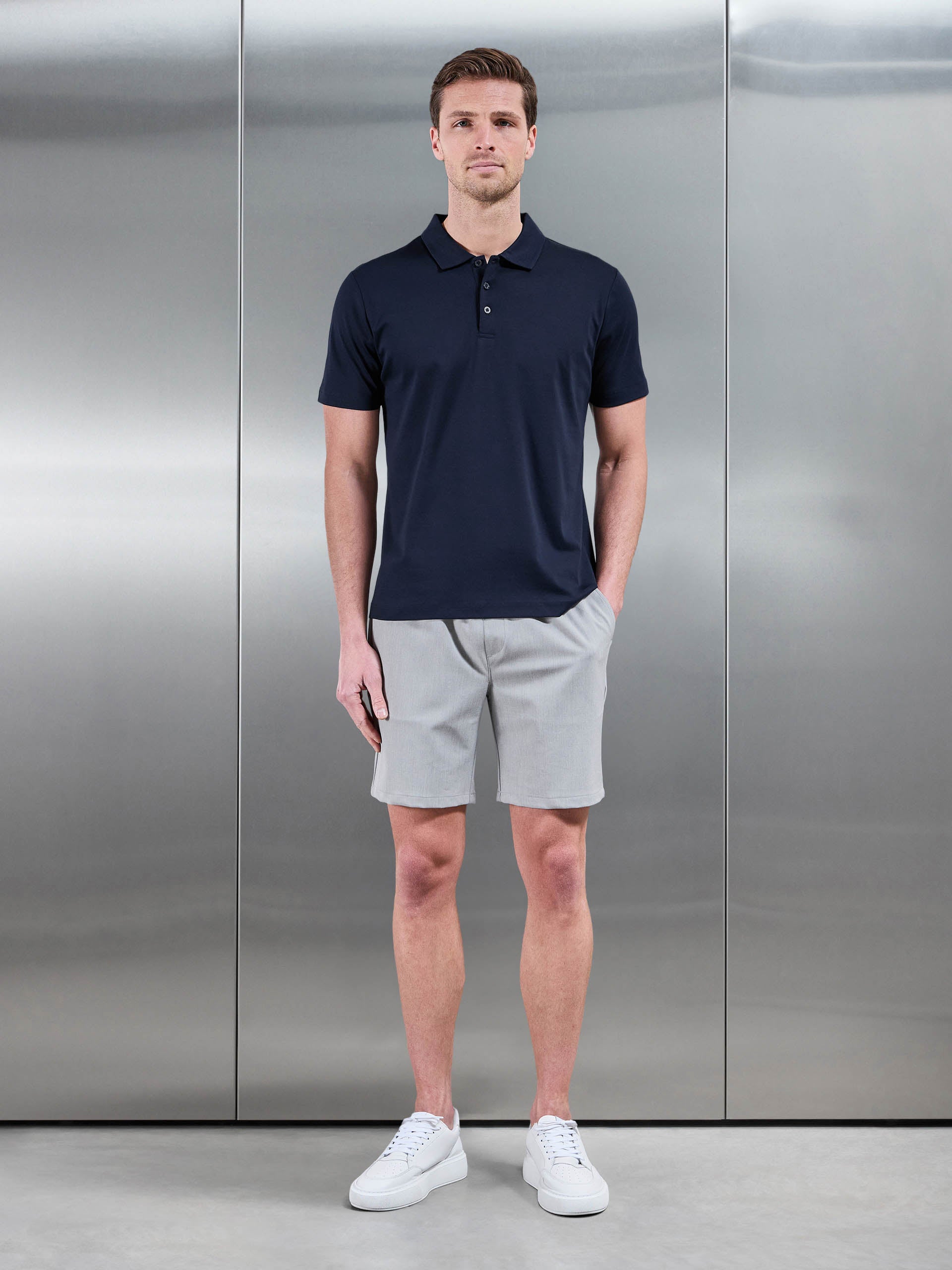 Mercerised Interlock Button Polo Shirt in Navy