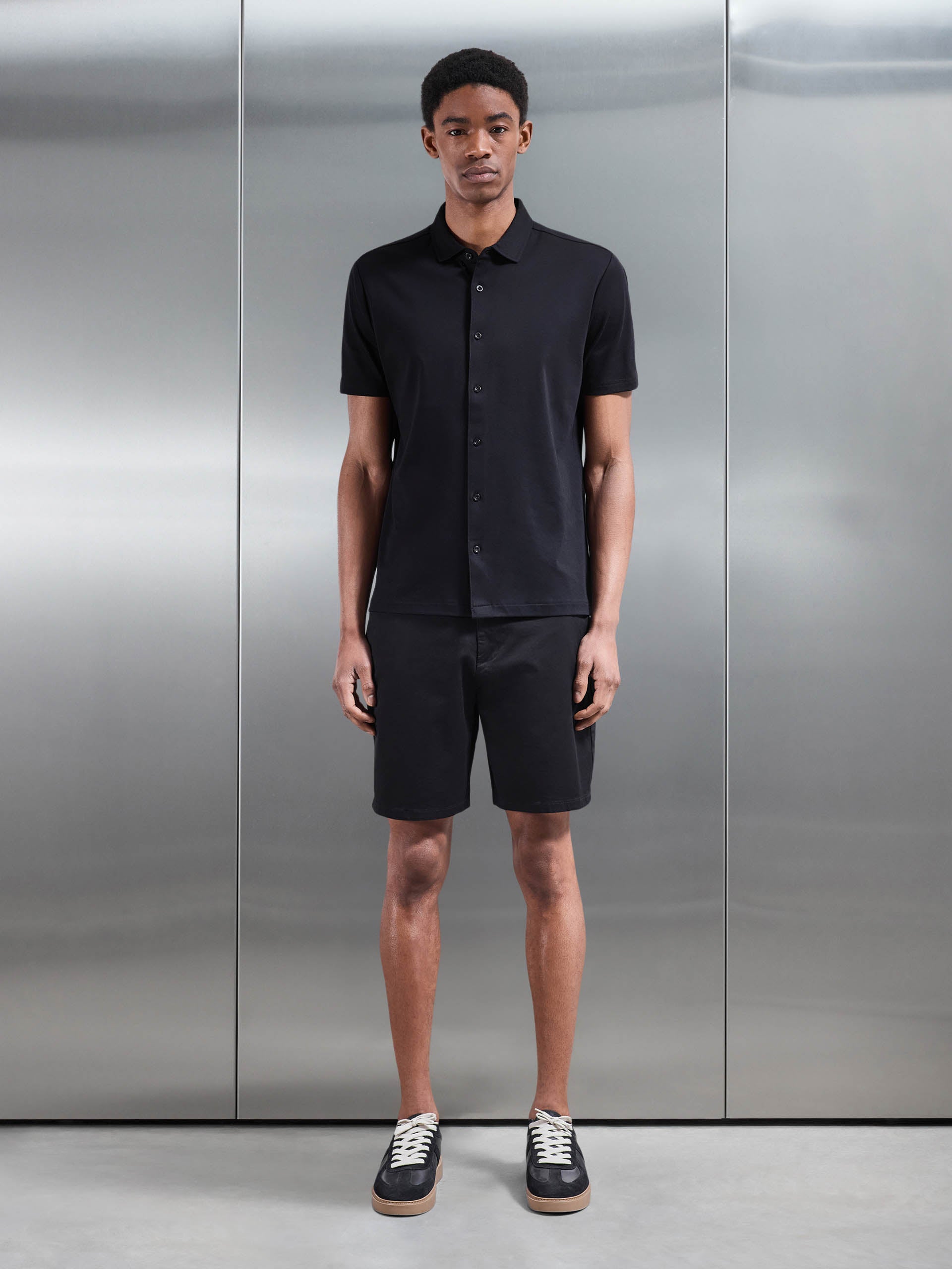 Mercerised Interlock Button Through Shirt in Black