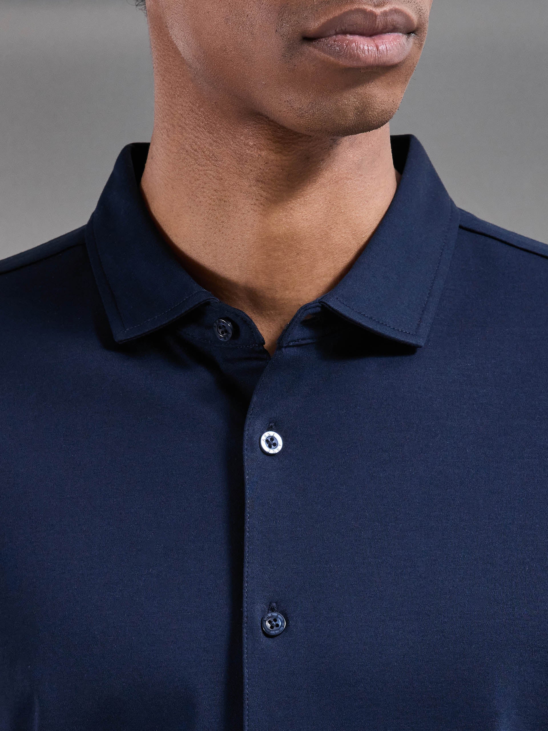 Mercerised Interlock Button Through Shirt in Navy