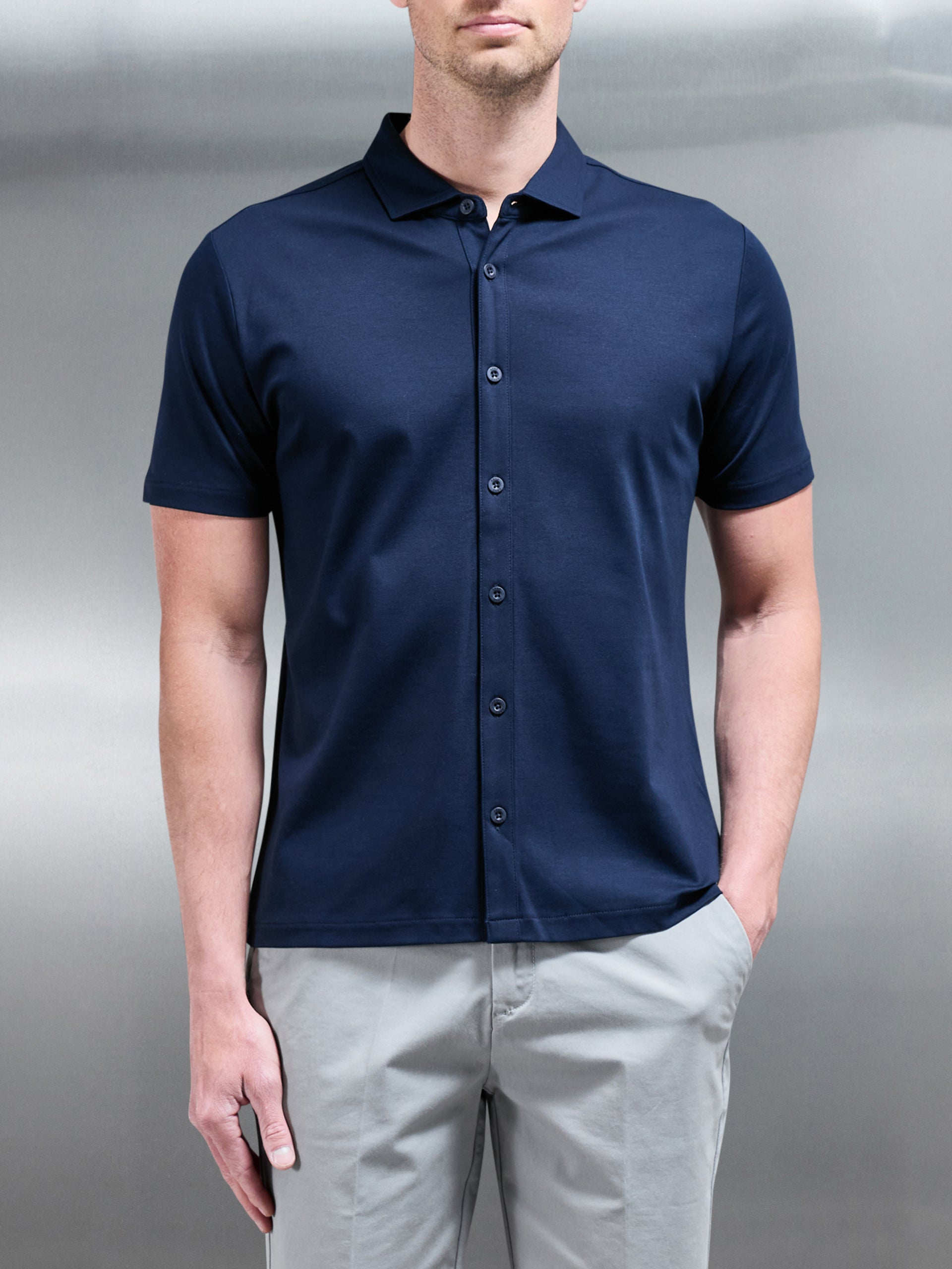 Mercerised Interlock Button Through Shirt in Navy