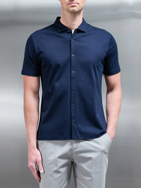 Mercerised Interlock Button Through Shirt in Navy