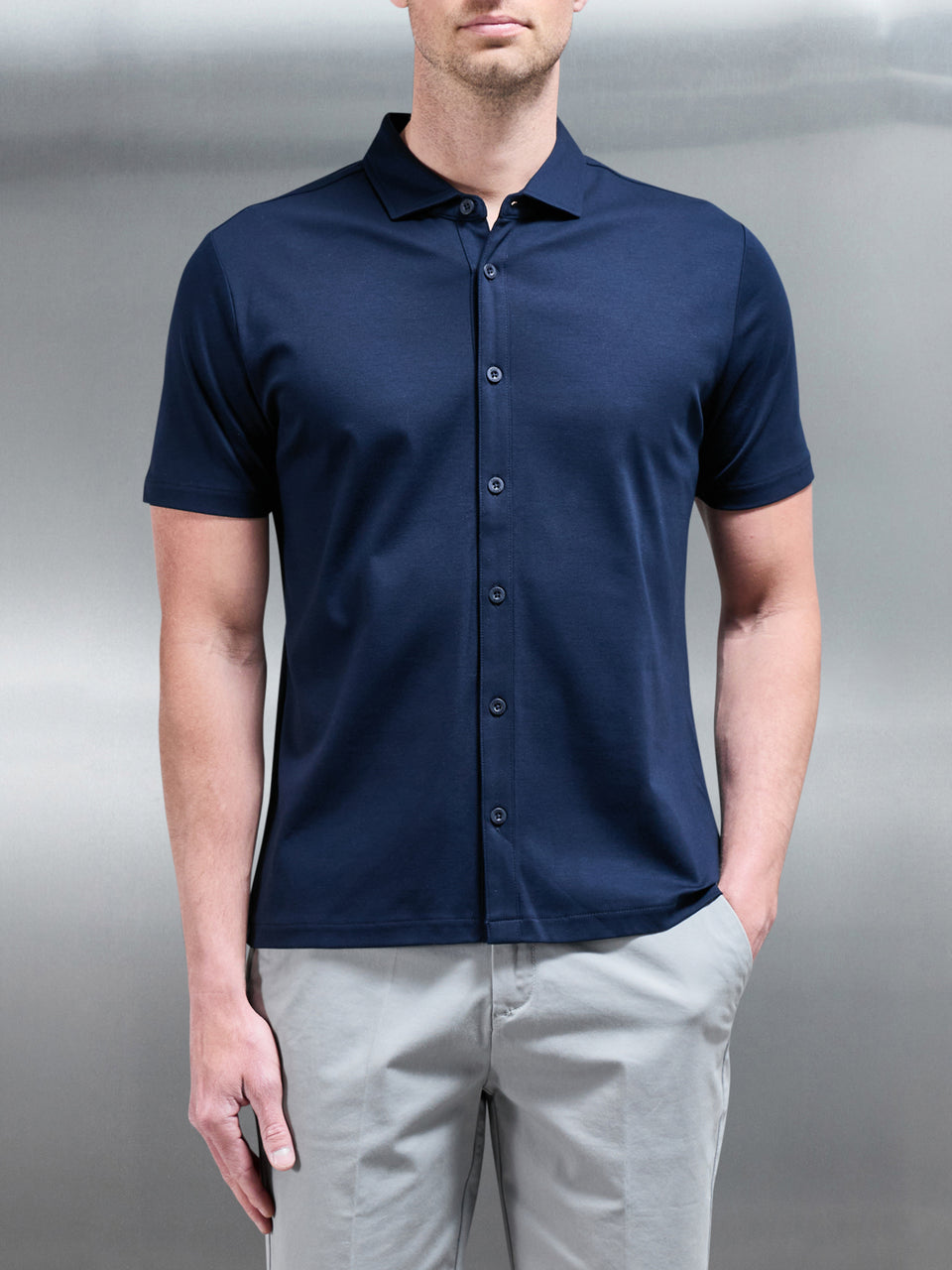 Mercerised Interlock Button Through Shirt in Navy