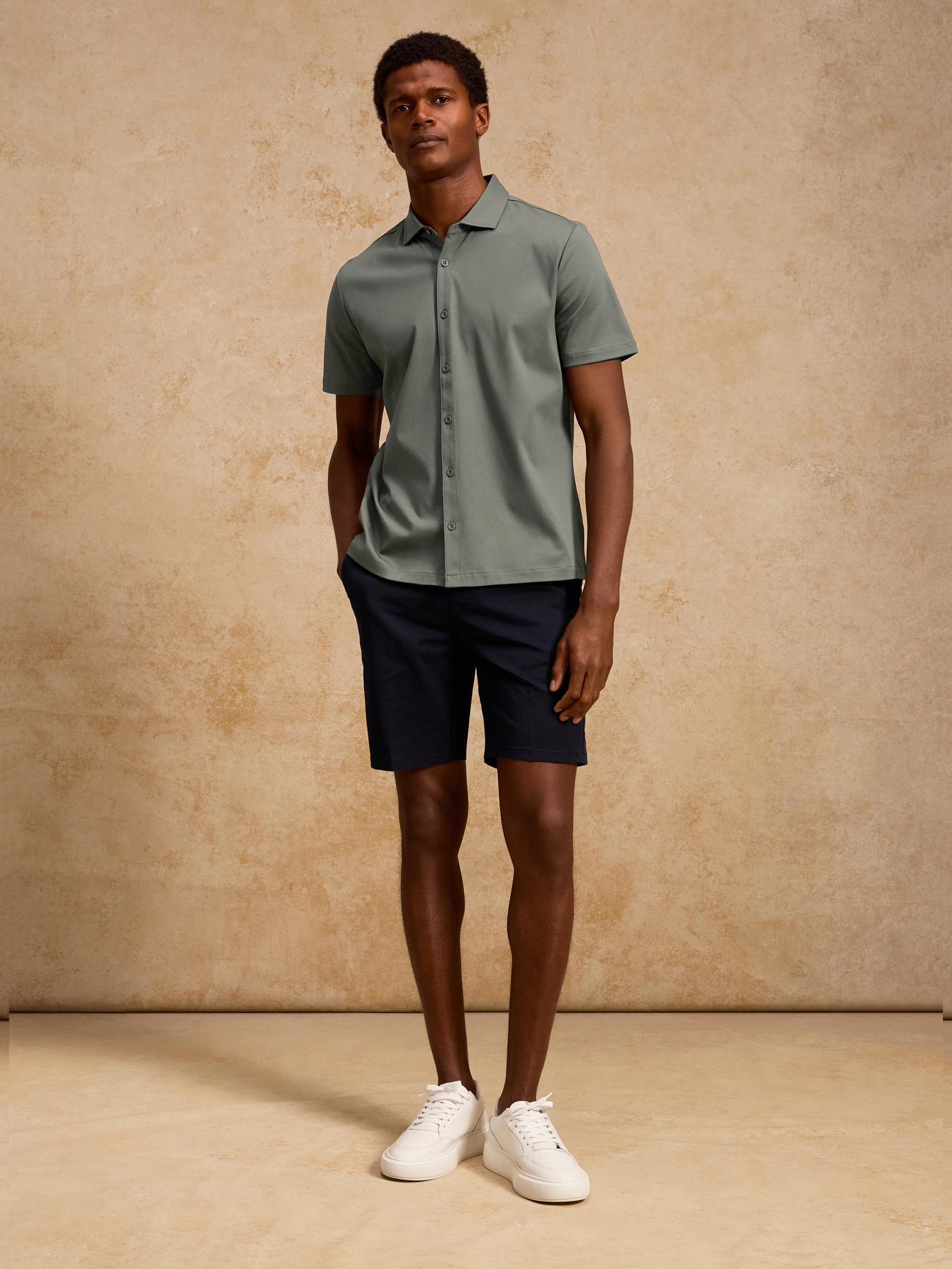 Mercerised Interlock Button Through Shirt in Sage