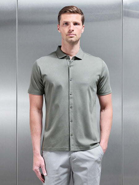 Mercerised Interlock Button Through Shirt in Sage