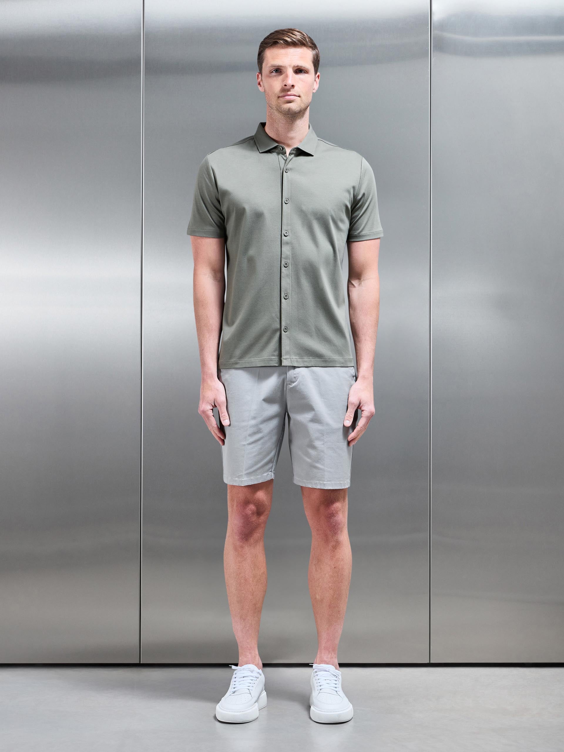 Mercerised Interlock Button Through Shirt in Sage