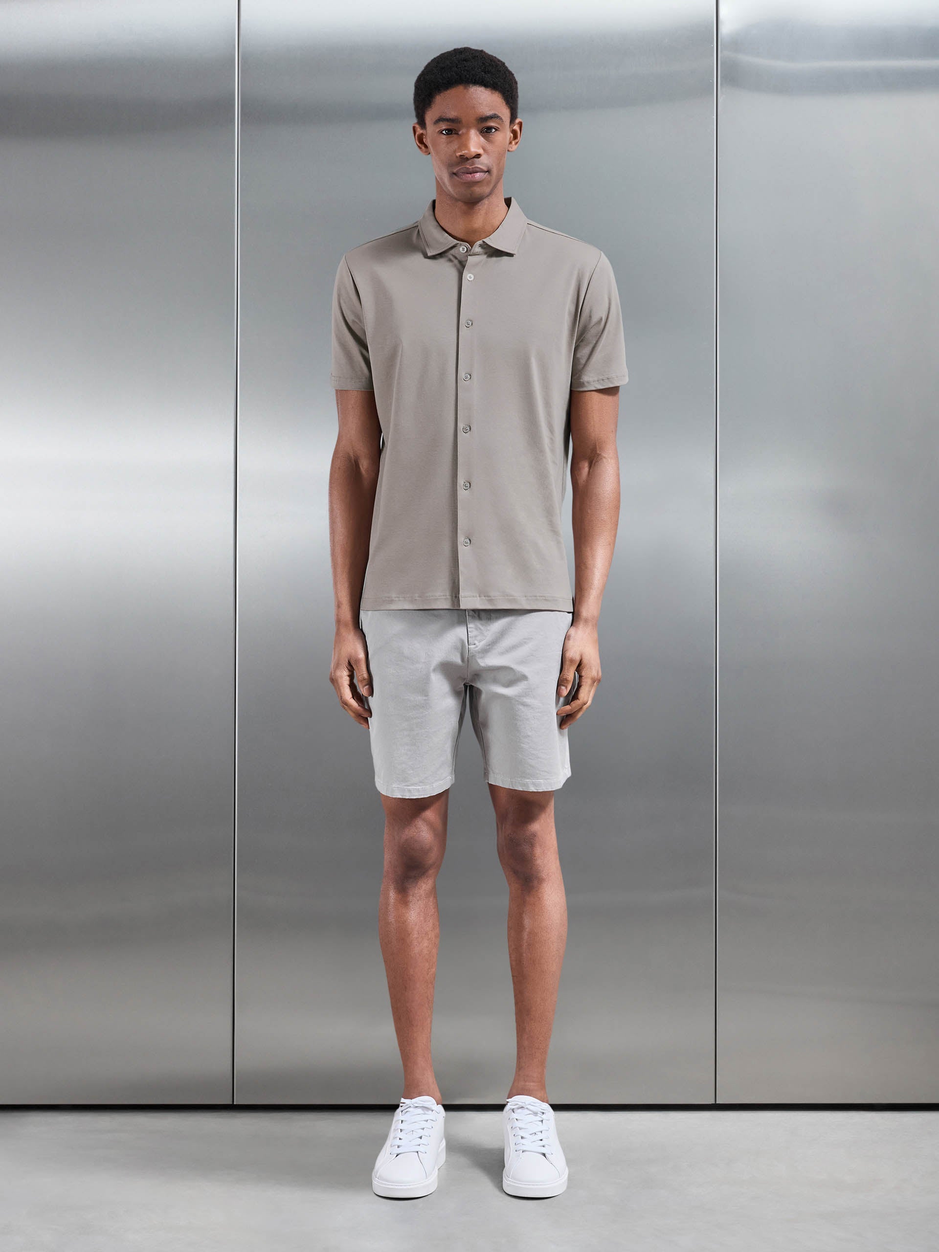 Mercerised Interlock Button Through Shirt in Taupe