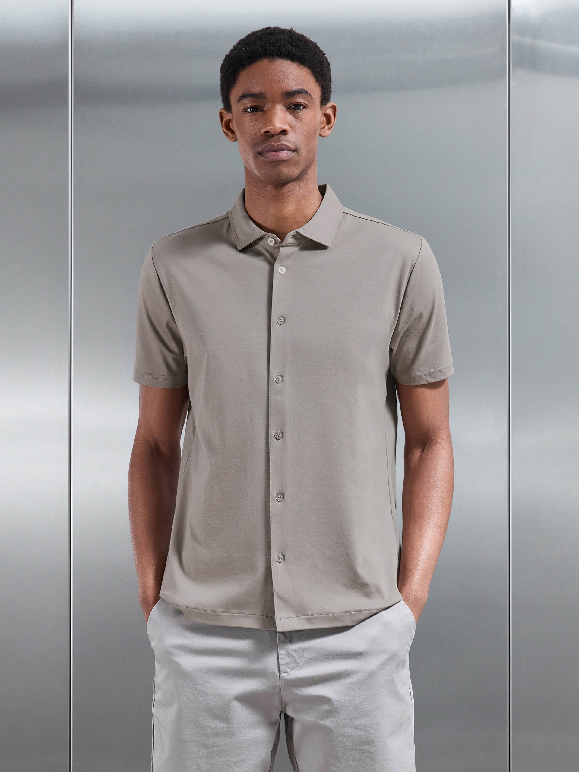 Mercerised Interlock Button Through Shirt in Taupe