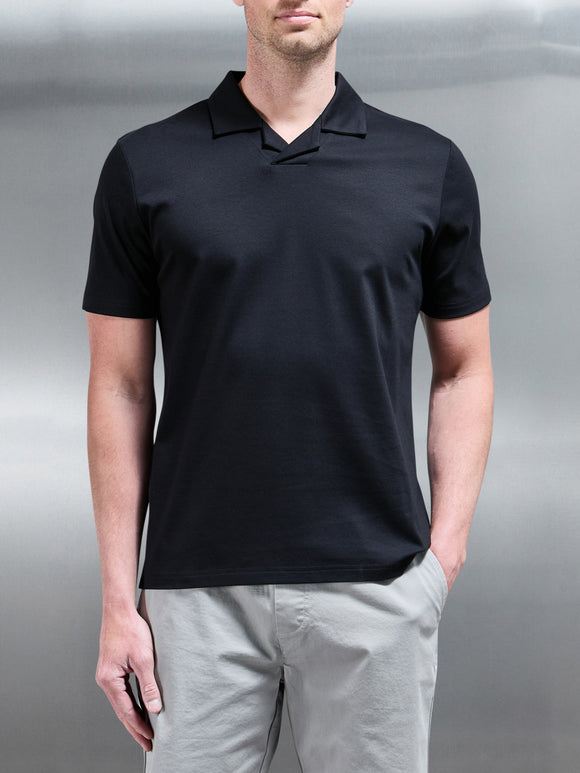 Mercerised Interlock Revere Collar Polo Shirt in Black