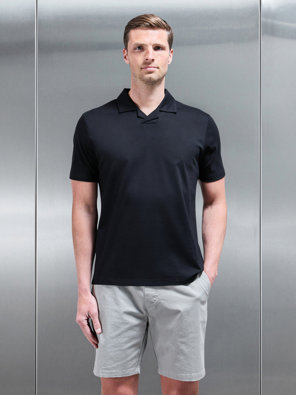 Mercerised Interlock Revere Collar Polo Shirt in Black