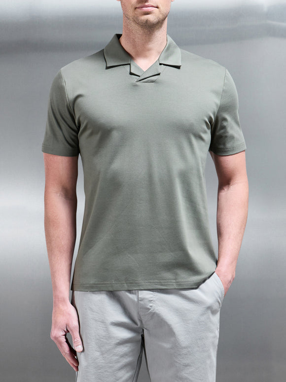 Mercerised Interlock Revere Collar Polo Shirt in Sage