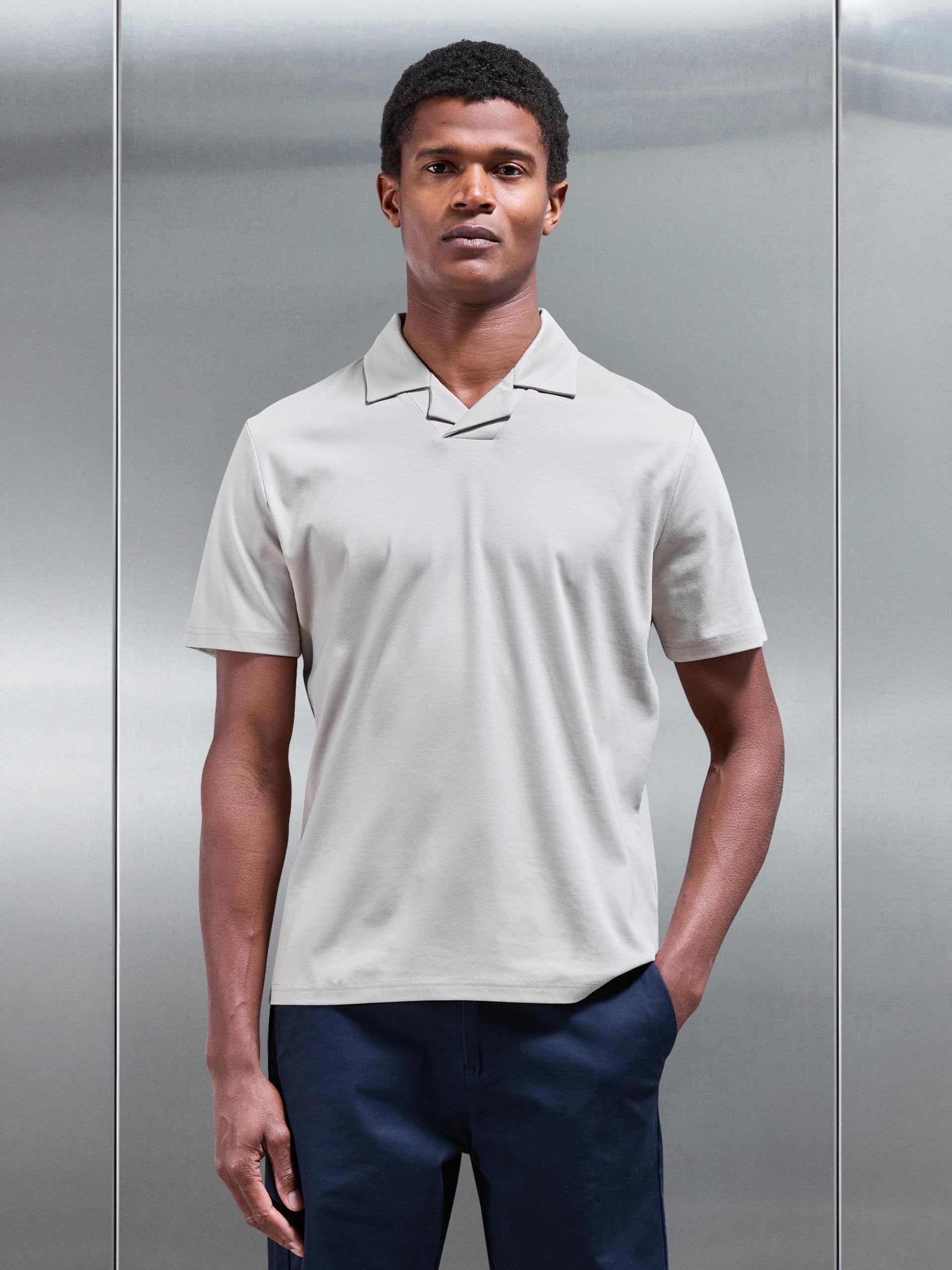 Mercerised Interlock Revere Collar Polo Shirt in Stone