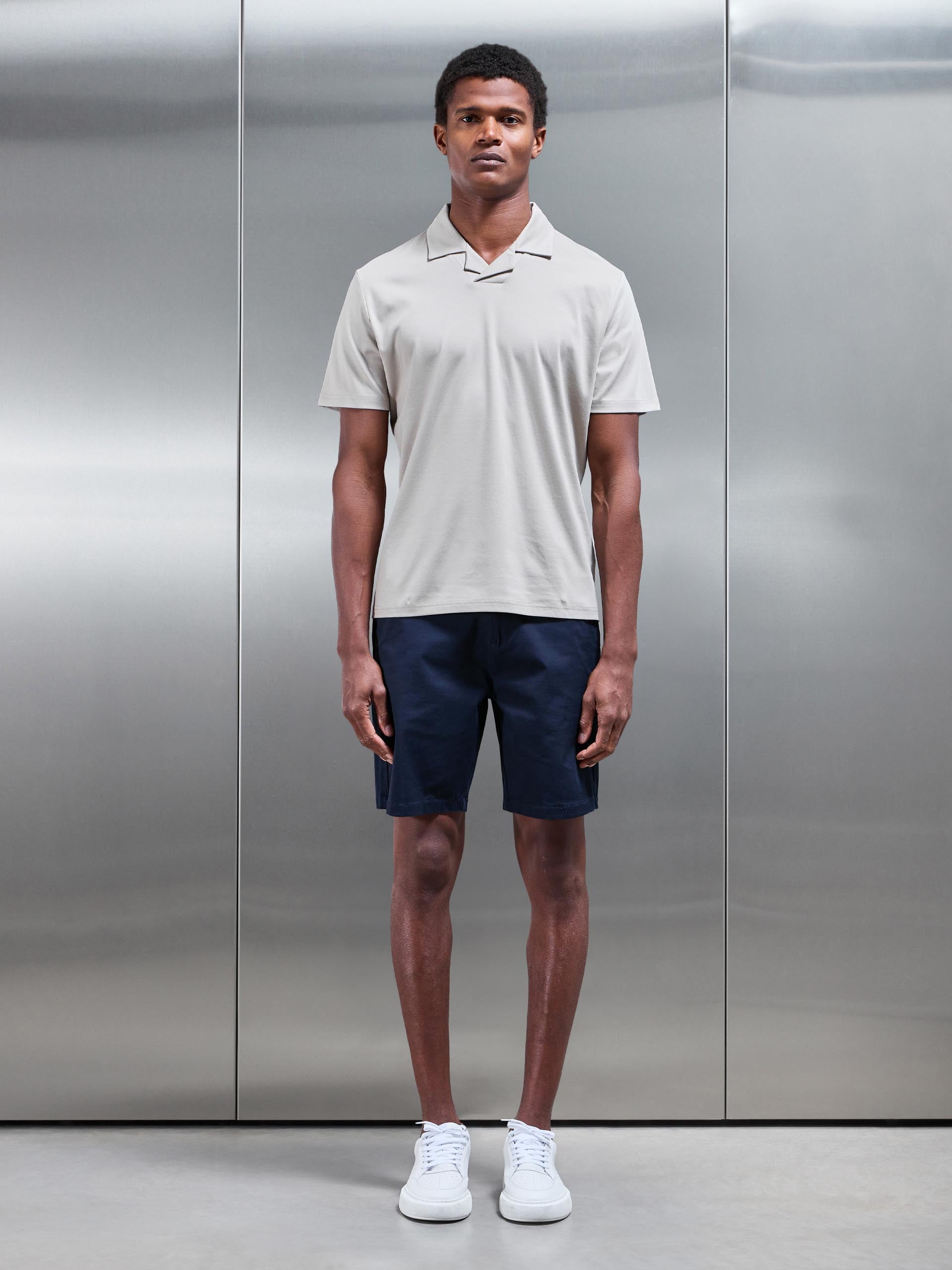 Mercerised Interlock Revere Collar Polo Shirt in Stone