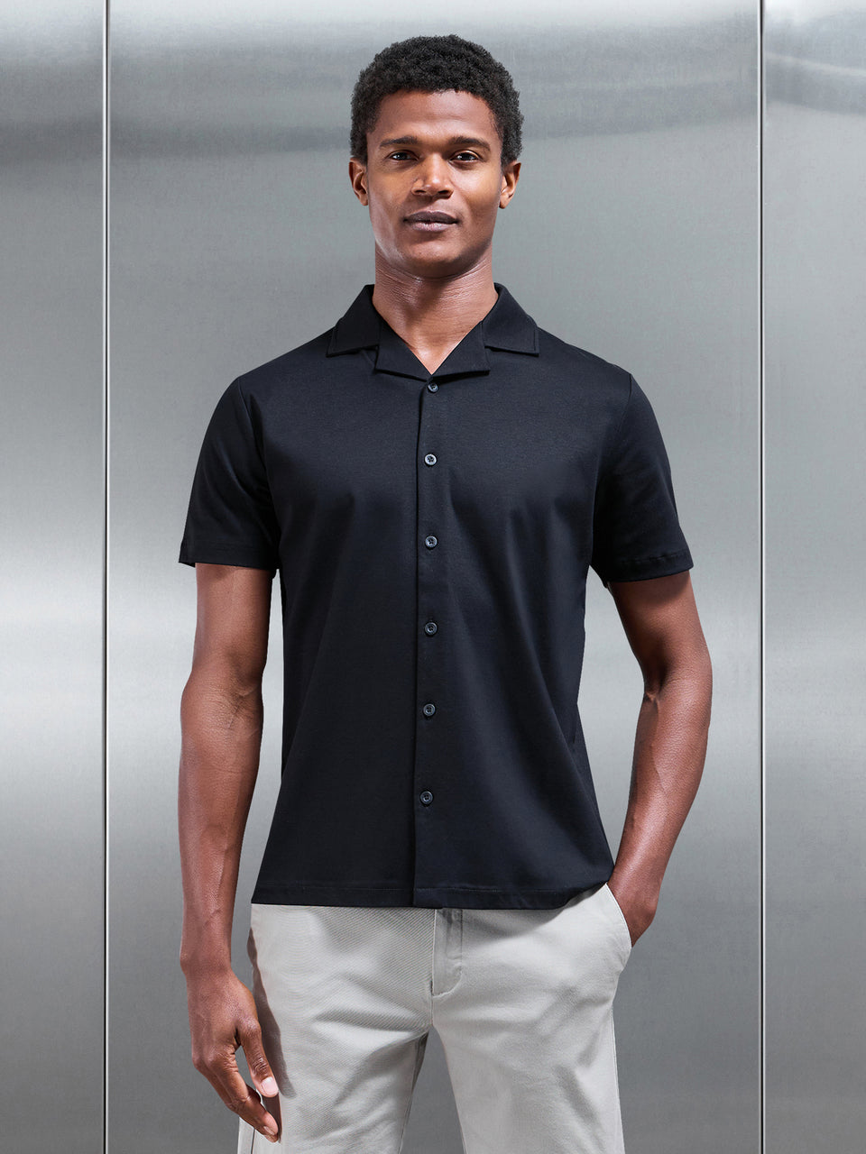 Mercerised Interlock Revere Collar Shirt in Black