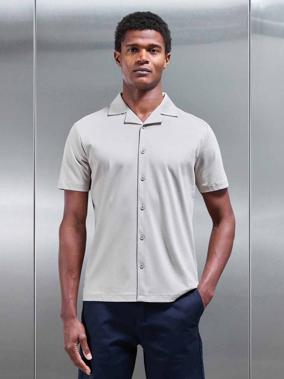 Mercerised Interlock Revere Collar Shirt in Stone